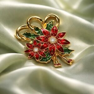 Napier Red Enamel and Rhinestone Poinsettia Pin Brooch.